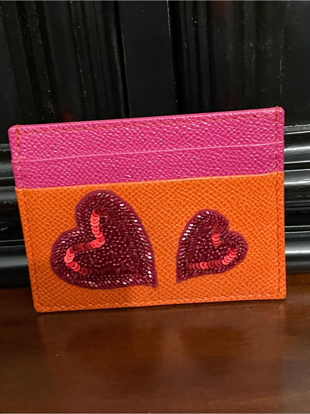 Dolce & Gabbana $475 retail sequined Heart Card Holder - Pink & Tan never used